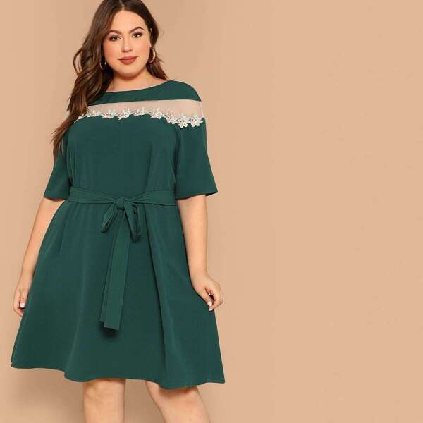 

Plus Mesh Panel Appliques Detail Belted Dress
