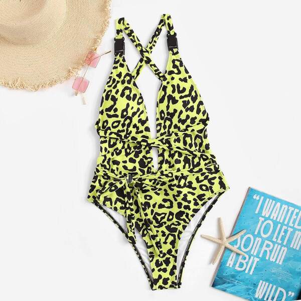 

Leopard Release Buckle Criss Cross Backless One Piece Swim
