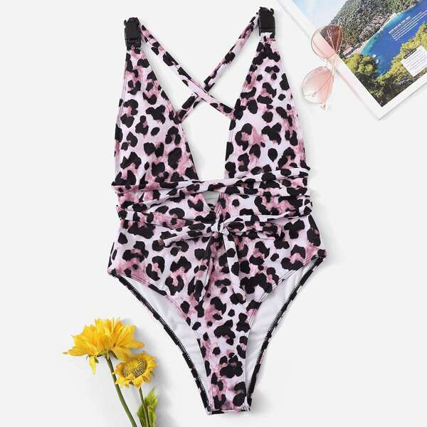

Leopard Release Buckle Criss Cross Backless One Piece Swim