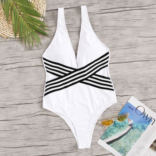 

Striped Criss Cross Low Back One Piece Swimsuit