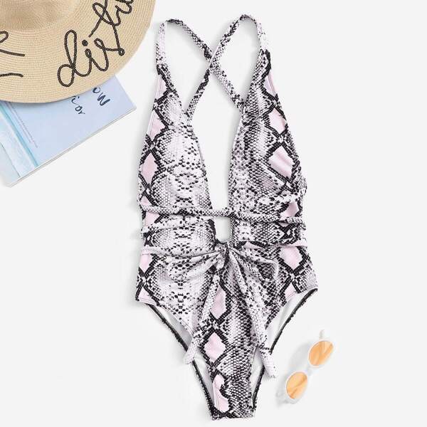 

Snakeskin Criss Cross Backless One Piece Swim