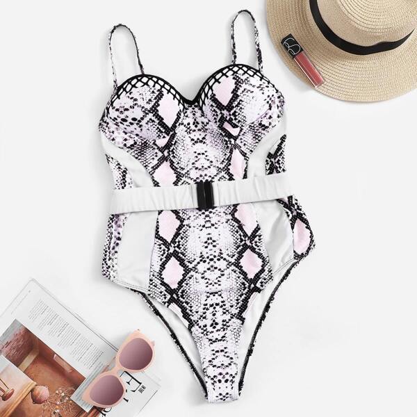 

Snakeskin Net Panel Underwire One Piece Swimsuit