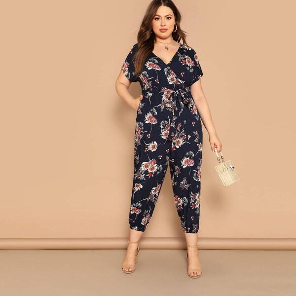 

Plus Floral Print Belted Wrap Jumpsuit, Multicolor
