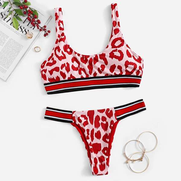 

Leopard Scoop Neck Top With Tanga Bikini