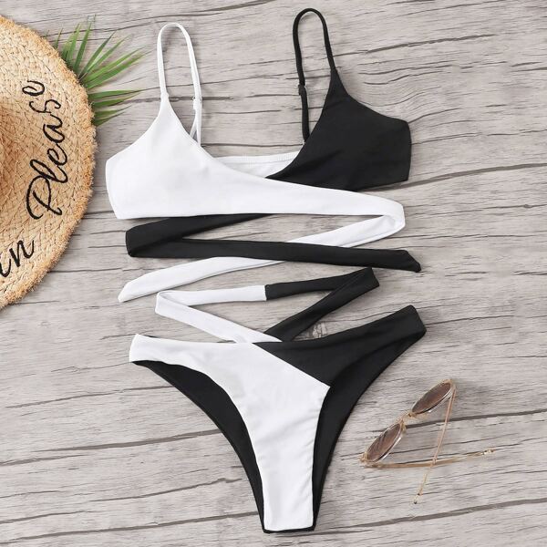 

Two Tone Wrap Top With Strappy Bikini Set