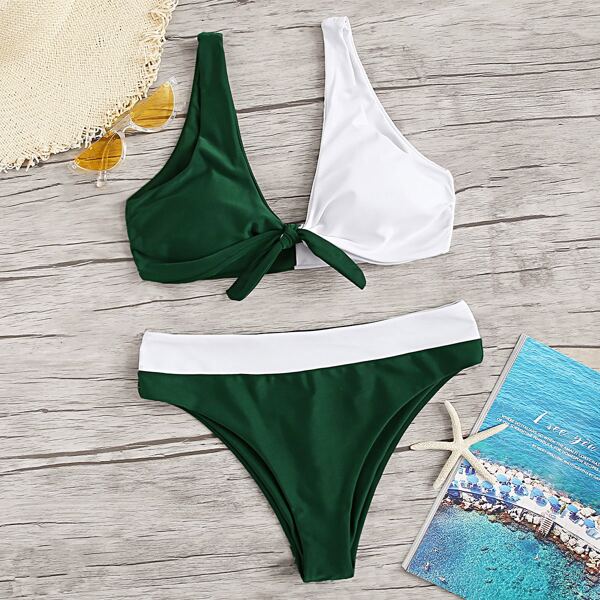 

Two Tone Knot Front Top With Panty Bikini, Multicolor