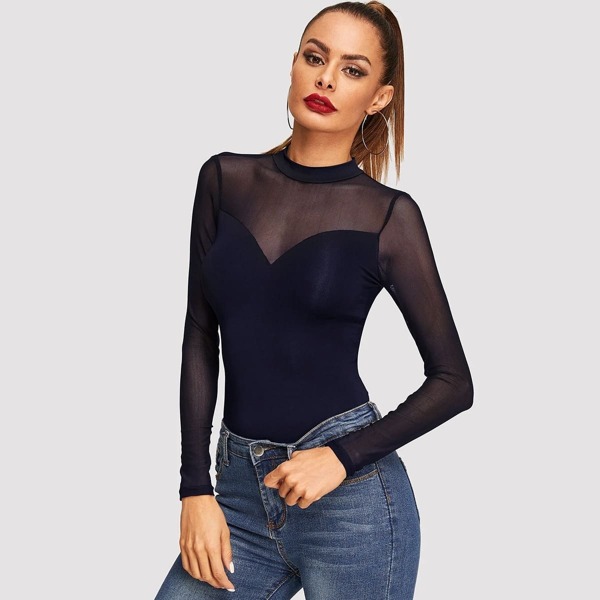 

Mesh Insert Mock-neck Sweetheart Top