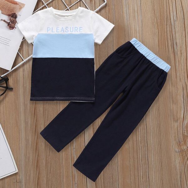 

Toddler Boy Letter Print Contrast Panel Tee With Pants, Multicolor