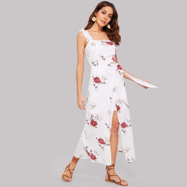 

Ruffle Strap High Split Wrap Floral Dress
