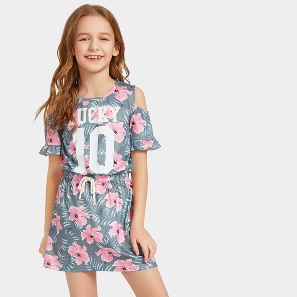 

Girls Floral Print Open Shoulder Drawstring Ruffle Dress, Multicolor