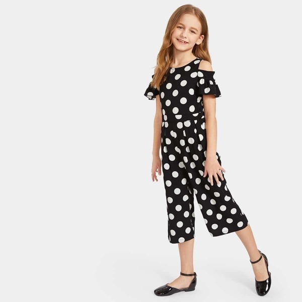 

Girls Polka Dot Cold Shoulder Jumpsuit, Black and white