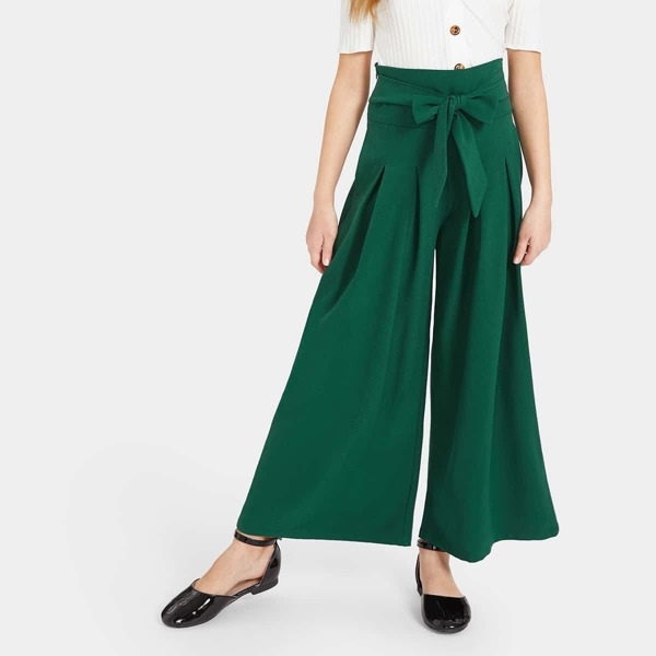 

Girls Knot Waist Wide Leg Pants, Green