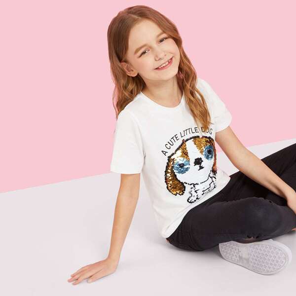 

Girls Letter Print Dog Sequin Tee
