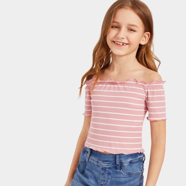 

Girls Frill Trim Rib-knit Striped Bardot Tee