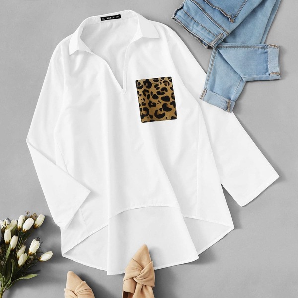 

Patched Leopard Pocket Dip Hem Top, White