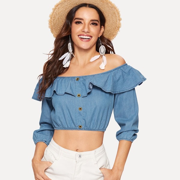 

Ruffle Detail Single Breasted Denim Tops