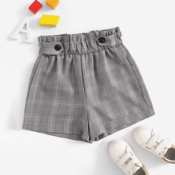 

Girls Elastic Waist Button Plaid Shorts, Grey