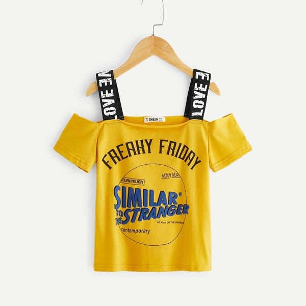 

Girls Cold Shoulder Letter Print Tee, Yellow