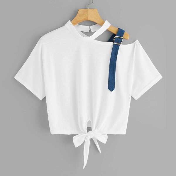 

Denim Buckle Belt Cutout Shoulder Knot Tee, White