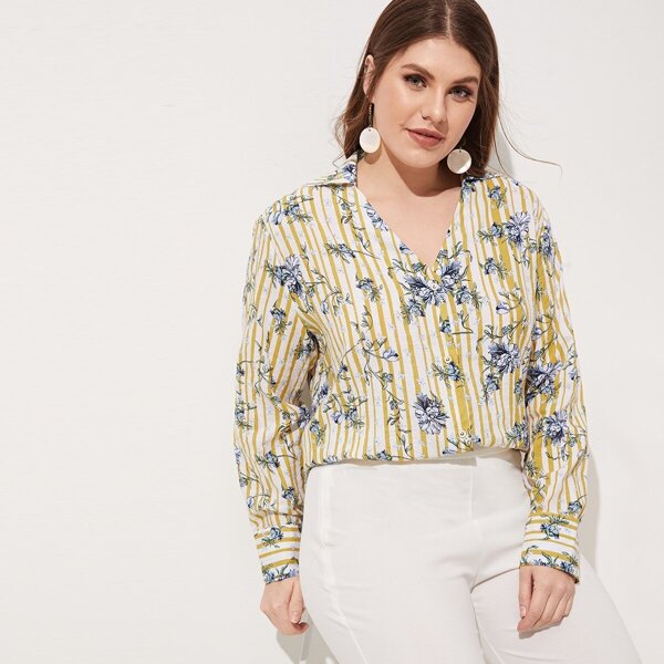 

Plus Floral Print V-neck Blouse, Multicolor