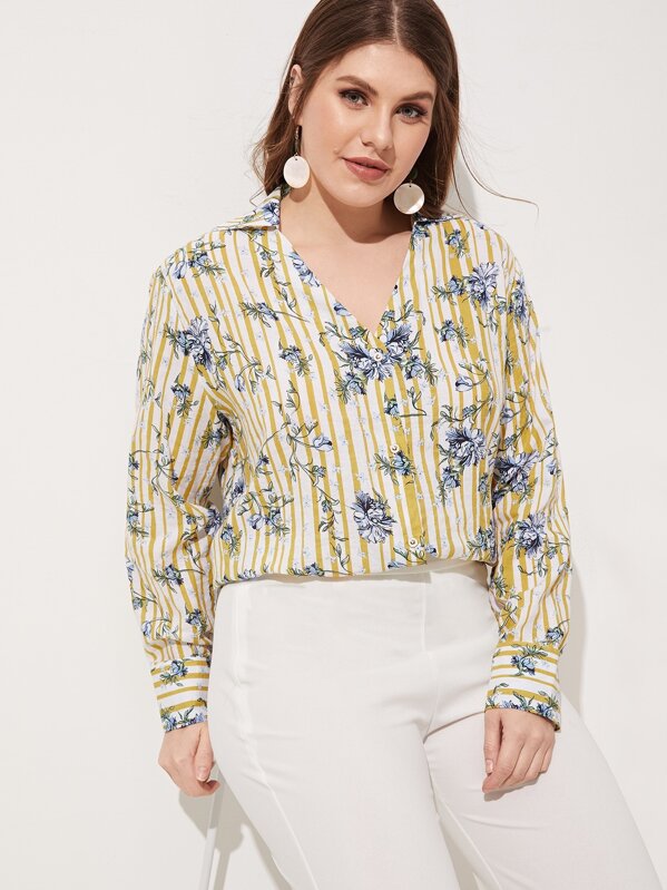 

Plus Floral Print V-neck Blouse, Multicolor, Isabela