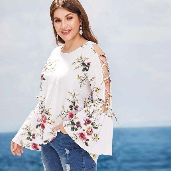 

Plus Floral Print Lace-up Flounce Sleeve Blouse, White