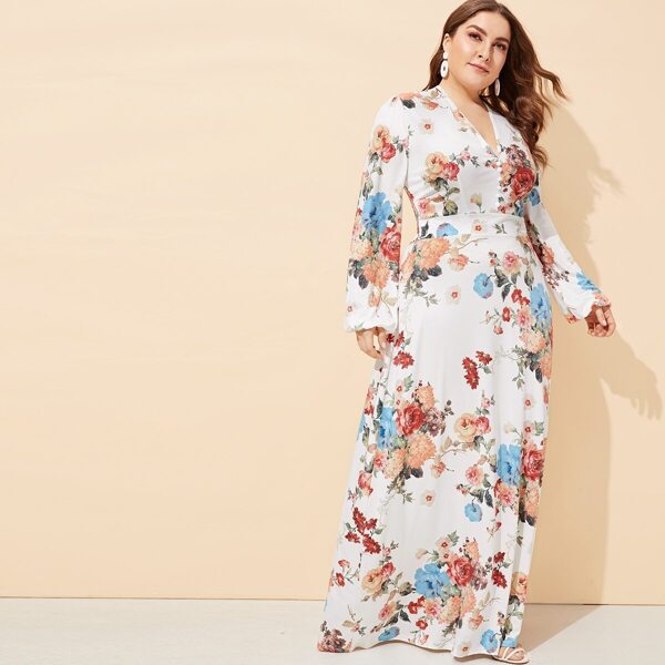 

Plus Floral Print V-neck Dress, White