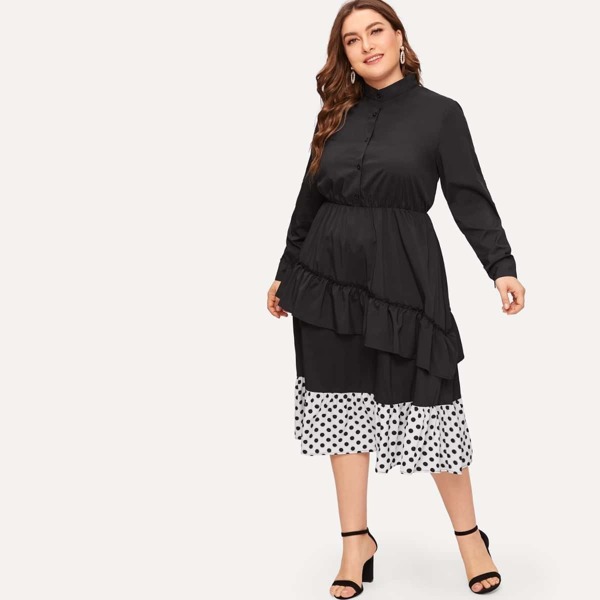 

Plus Polka Dot Panel Hem Flounce Trim Dress, Black