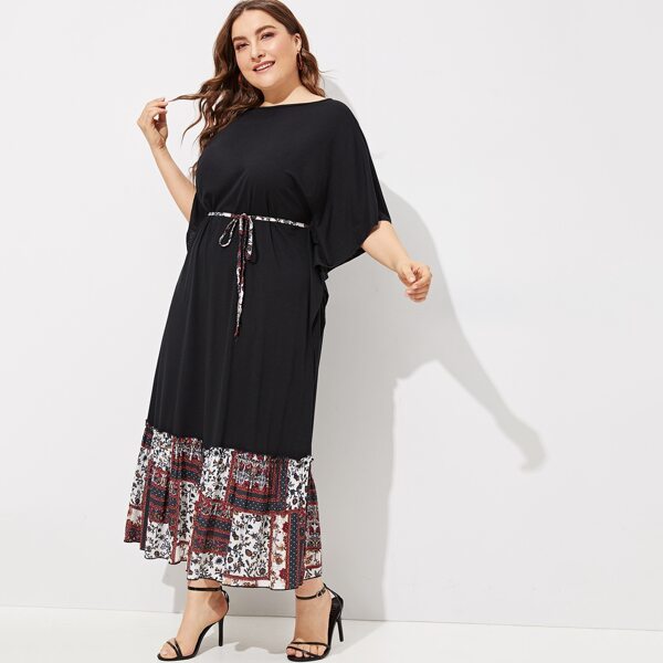 

Plus Batwing Sleeve Scarf Print Hem Dress, Black
