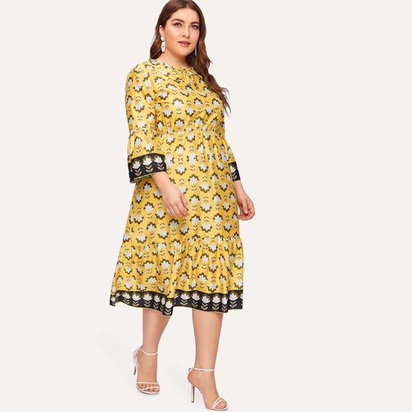 

Plus Floral Print Knot Front Dress, Yellow