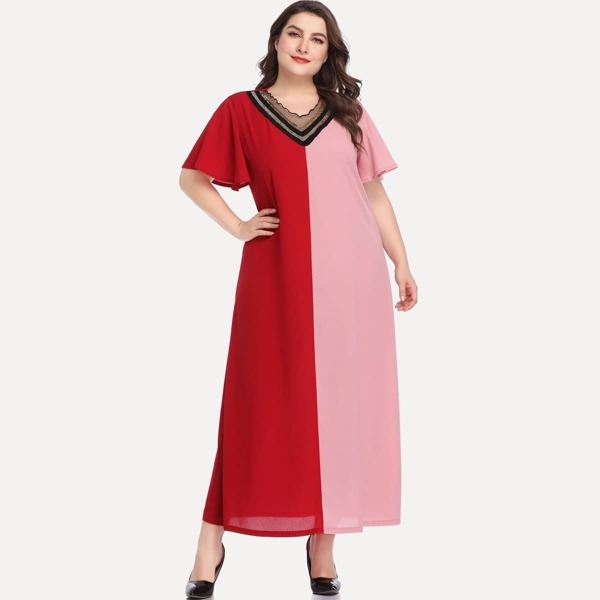 

Plus Two Tone V-neck Dress, Multicolor