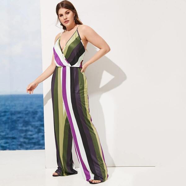 

Plus Striped Wide Leg Cami Jumpsuit, Multicolor