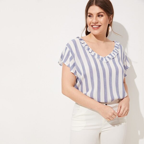 

Plus Striped V-neck Blouse, Blue