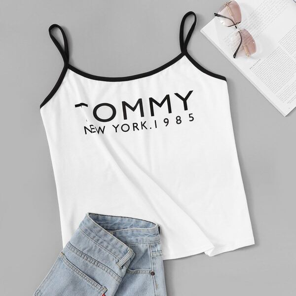 

Plus Letter Graphic Contrast Binding Cami Top, White