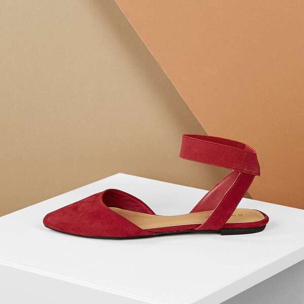 

Pointed Toe Stretch Ankle Strap Open Back Flats, Red