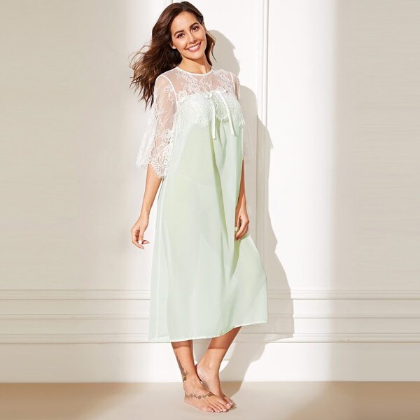 

Knot Detail Semi Sheer Lace Yoke Night Dress, Green pastel