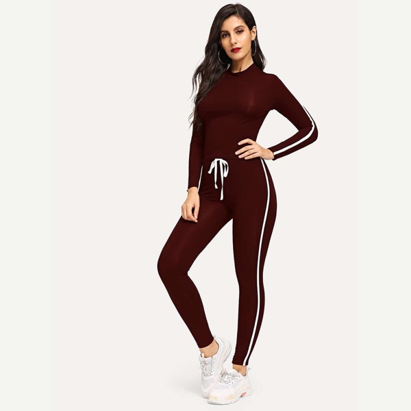 

Mock Neck Striped Top & Drawstring Waist Pants Set, Burgundy