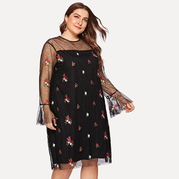 

Plus Mesh Overlap Floral Embroidered Dress