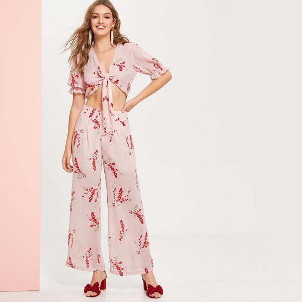 

Ruffle Cuff Knot Crop Top and Palazzo Pants Set, Pink