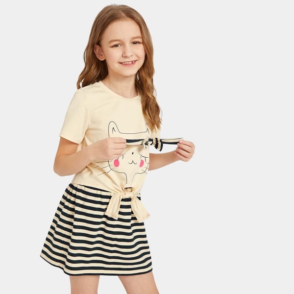 

Girls Cat Print Knot Top & Striped Skirt Set