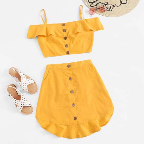 

Ruffle Trim Button Front Cami Top With Skirt