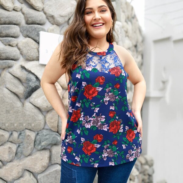 

Plus Contrast Mesh Floral Print Top, Multicolor
