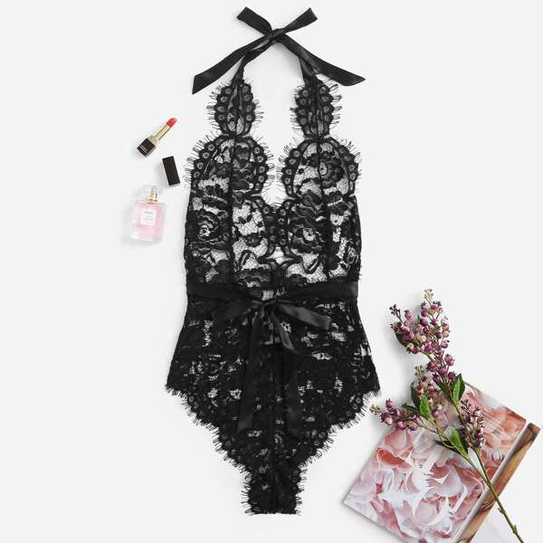 

Scalloped Trim Floral Lace Halter Teddy Bodysuit