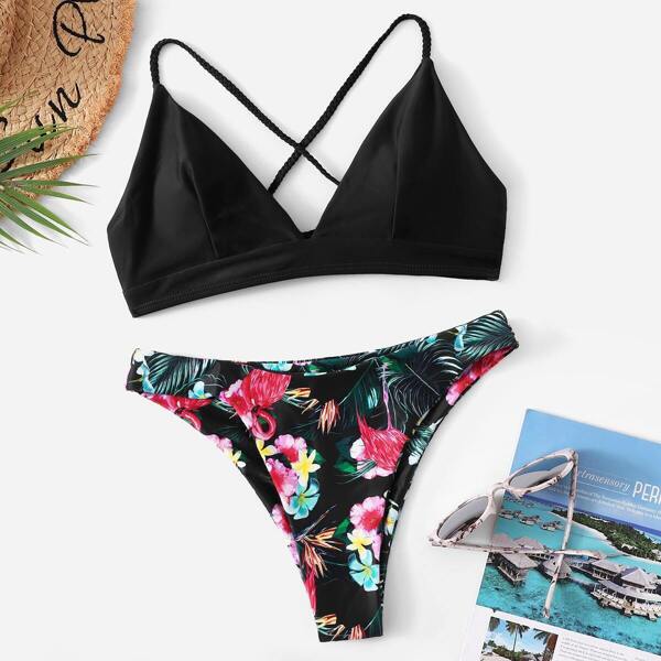 

Cross Back Seam Top With Random Tropical Bikini