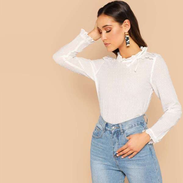 

Swiss Dot Tie Neck Ribbed Top