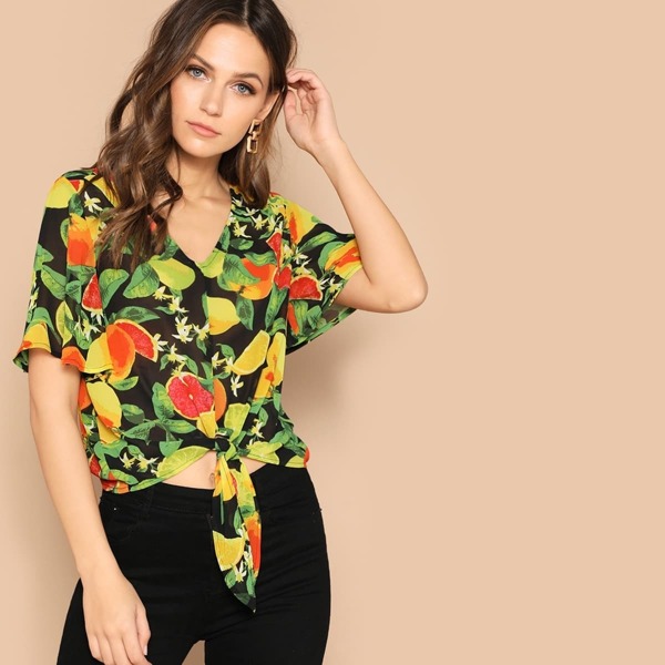 

Fruit Print Knot Boxy Top