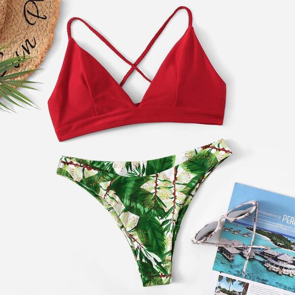 

Cross Back Top With Random Leaf Print Bikini, Multicolor