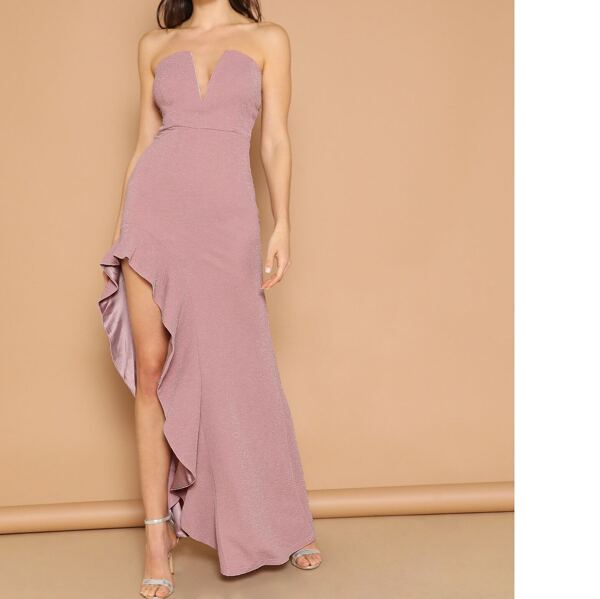 

V Bar Ruffle High Split Prom Dress