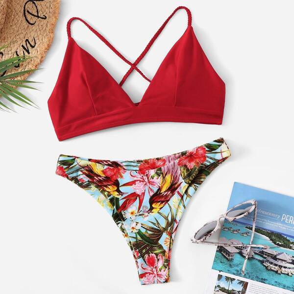 

Cross Back Seam Top With Random Tropical Bikini