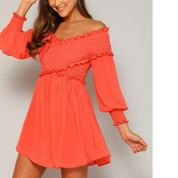 

Neon Orange Crossover Off Shoulder Shirred Dress, Red